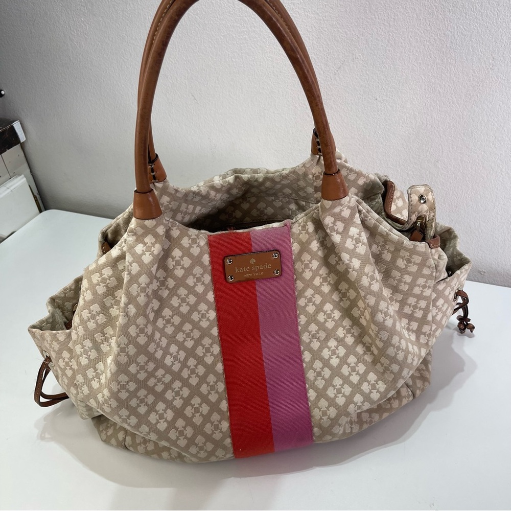 Kate Spade Classic Spade Stevie Lg Diaper Baby Bag Stucco Leather Trim Monogram